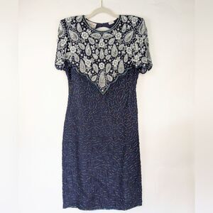 Lawrence Kazar Beaded Sequin Silk Shift Dress Navy Silver Short Sleeve Women’s S